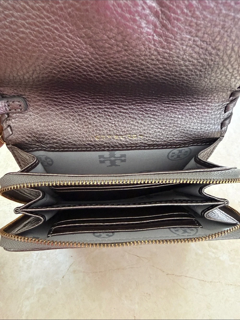 Tory Burch Metallic Bronze Pebbled Leather Wristlet